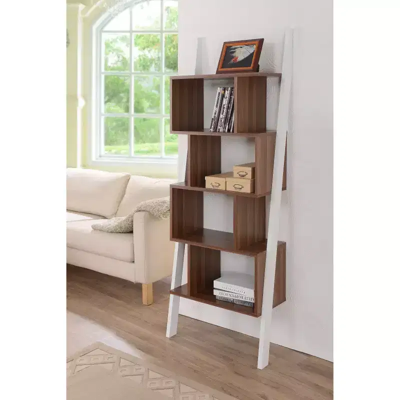 White & Walnut 5-Shelf Ladder Bookcase – 1 Person Assembly