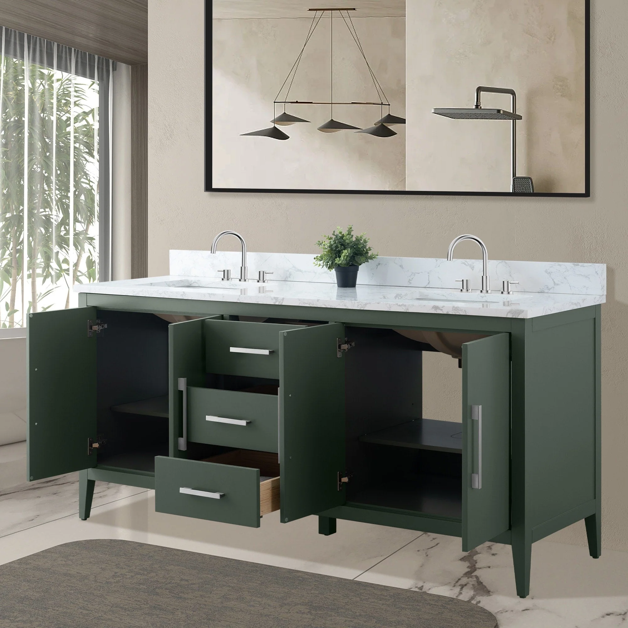 Vanity Art 72 Double Sink Bathroom Vanity Cabinet with Engineered Marble Top