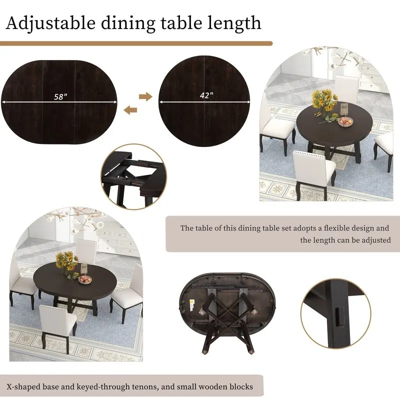 Farmhouse Round Extendable Dining Table with 16 Leaf Wood