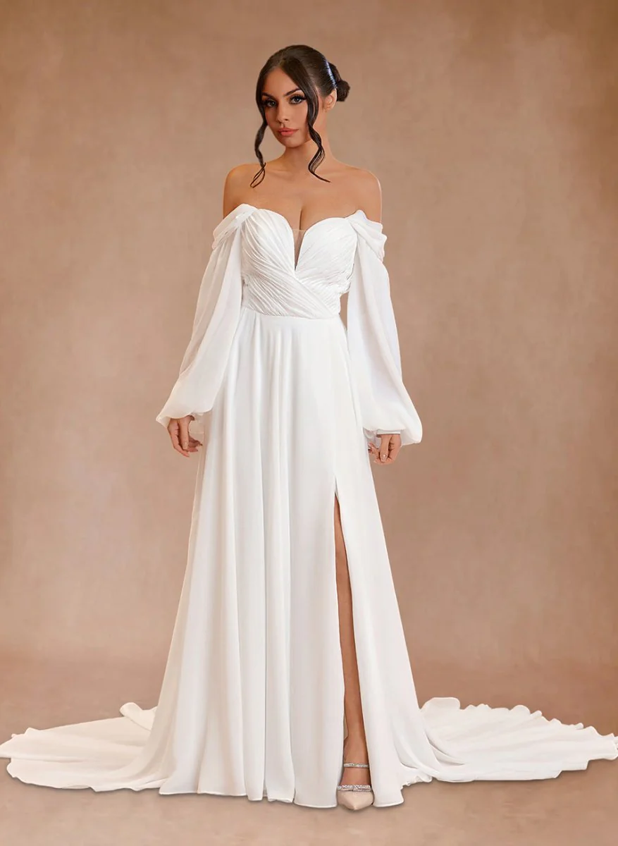 A-Line Sweetheart Long Sleeves Chiffon Sweep Train Wedding Dress
