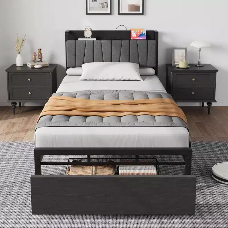 Twin Size Bed Frame with Storage Headboard, Black Industrial Platform Bed with Large Drawer & Charging Station, No Box Spring Needed