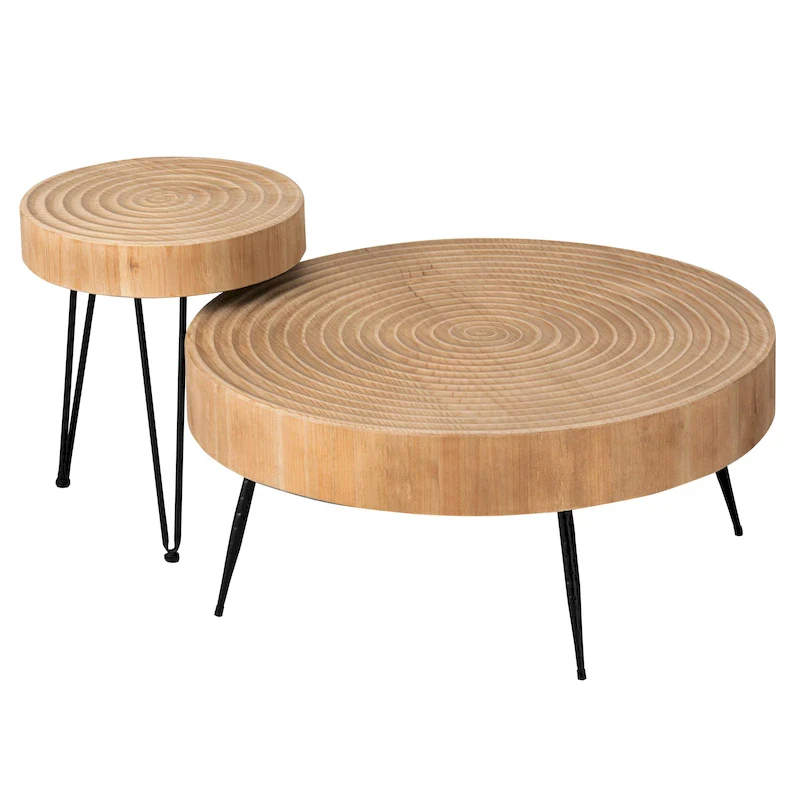 Rustic Cylindrical Wood Veneer Coffee Table – Natural / White / Light Red & Natural