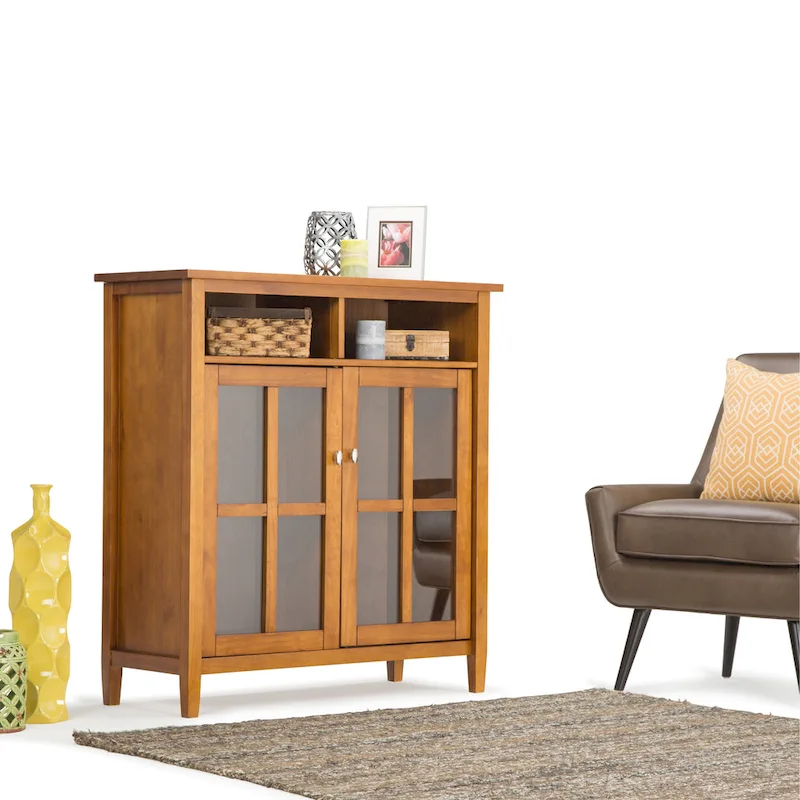 Solid Wood Media Cabinet with Tempered Glass Doors and Adjustable Shelves