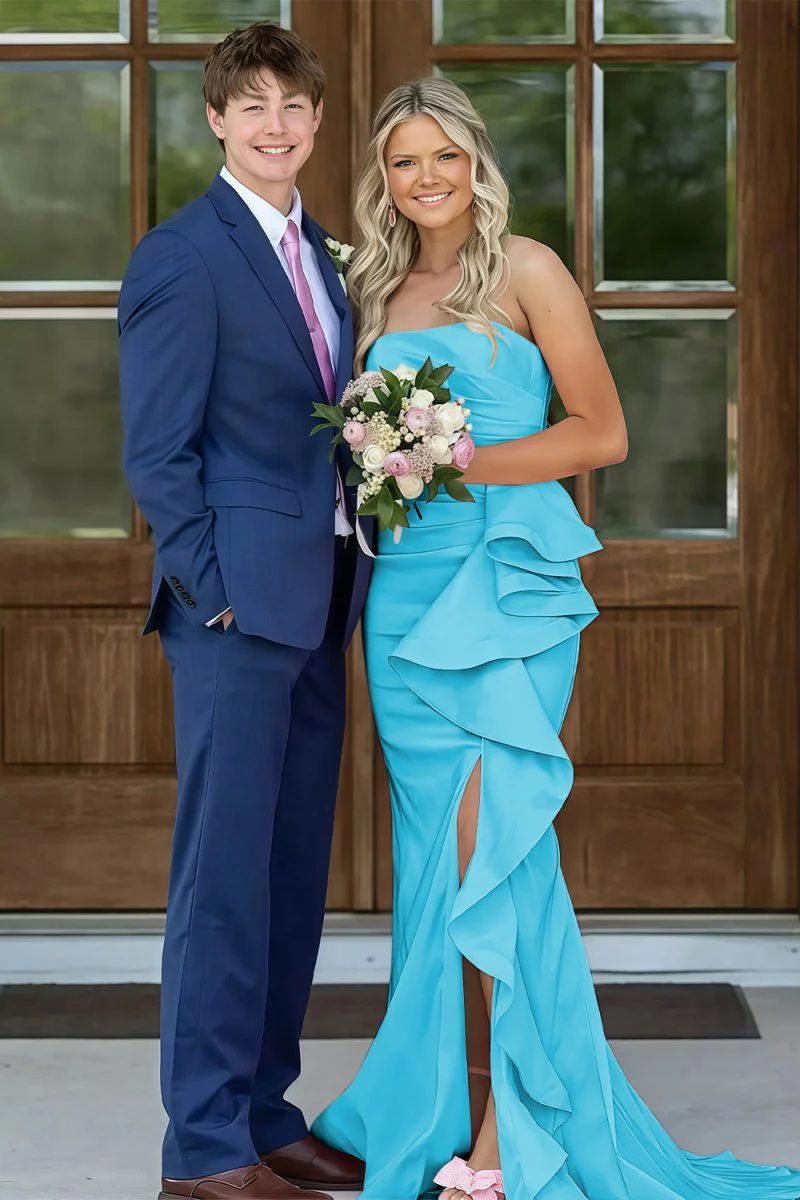 Pink Mermaid Strapless Satin Ruffled Long Prom Dresses with Slit