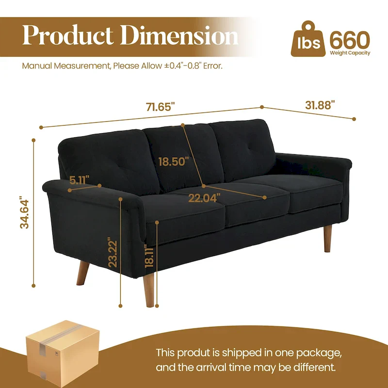 Mid-Century 3-Seat Upholstered Sofa with Wood Legs