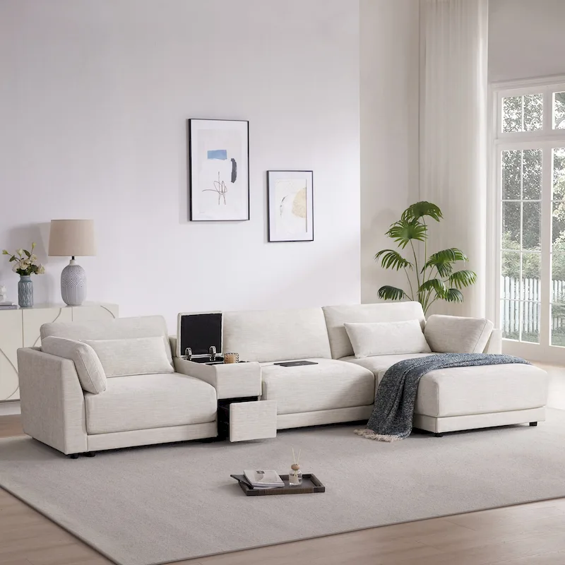 124 Chenille 4-Seater L-Shaped Sofa with Storage Console, USB