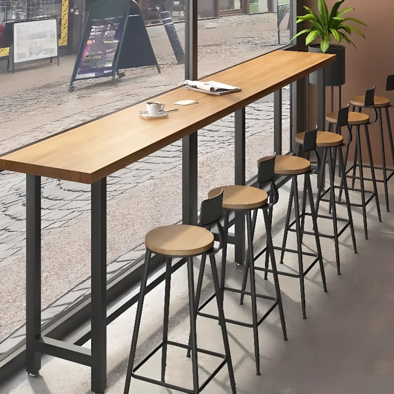 Natural Finish Rectangular Wood Metal Long Trestle Bar Table