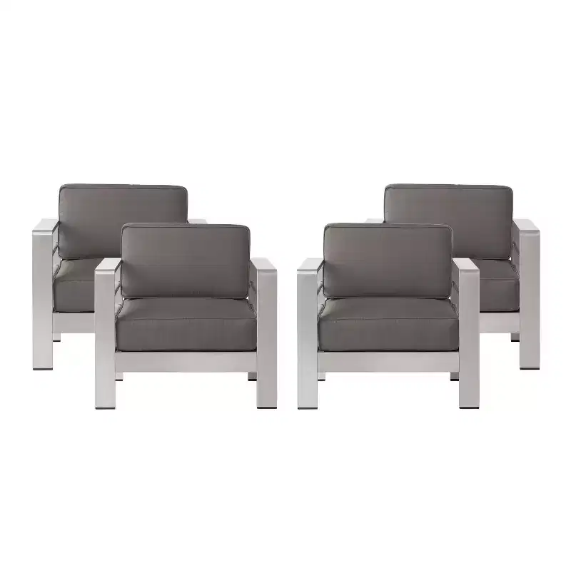GDFStudio Cape Coral Outdoor Aluminum Club Chairs with Cushions (Set of 4), Khaki/Silver