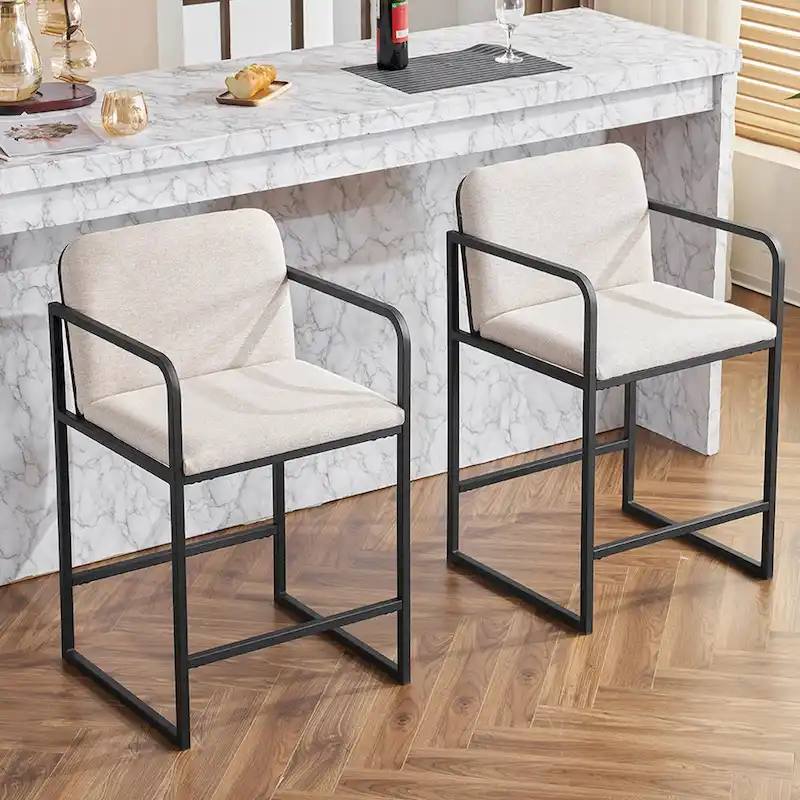 Modern Upholstered Counter Height Bar Stool with Armrests, Metal Frame and Padded Seat (2 Stools)