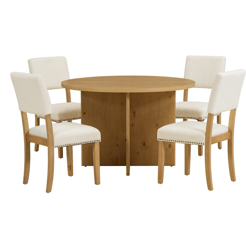 Farmhouse Style 5-Piece Wooden Dining Set with Round Table and 4 Lambswool-like Fabric Upholstered Chairs