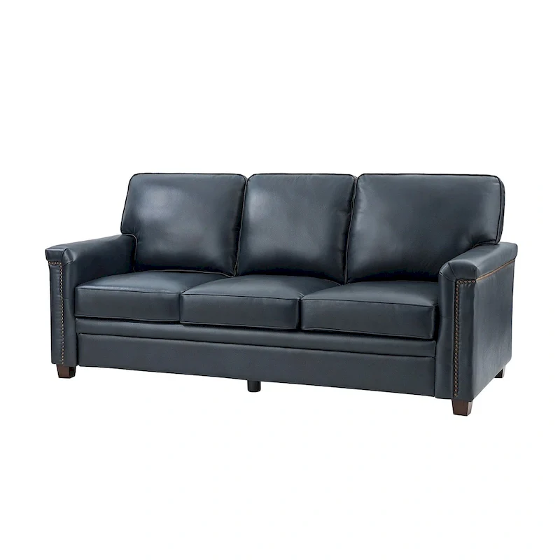 Rita Living Room 3-Seat Genuine Leather Sofa with Solid Wood Legs and Nailhead