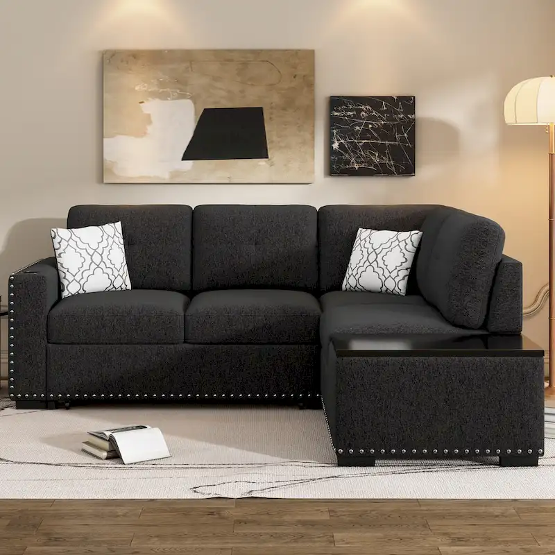 83.8 L-Shaped 4-Seat Sectional Sofa with Pull-Out Bed, Storage Chaise, USB Ports, Power Sockets, and Cup Holders
