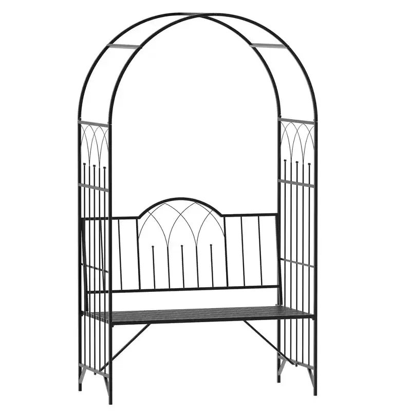 Metal Trellis Arbor Arch for Climbing Plants with Garden Bench,Grow Grapes & Vines,Patio Decor Outdoor Interlacing Decorative Seating with Tips,Black