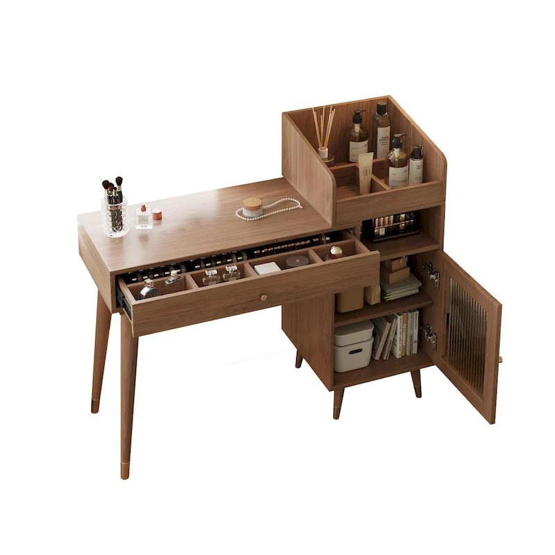 Black / Wood / Walnut Telescopic Makeup Vanity Dressing Table with Drawers & Side Cabinet
