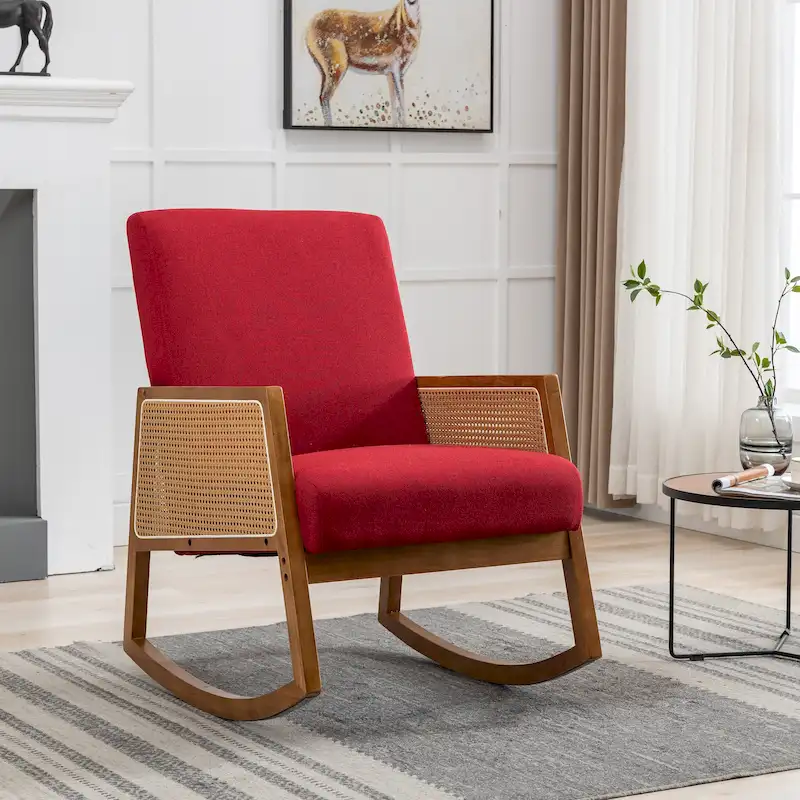 SEYNAR Modern PU Leather Rocking Chair with Rattan Arms