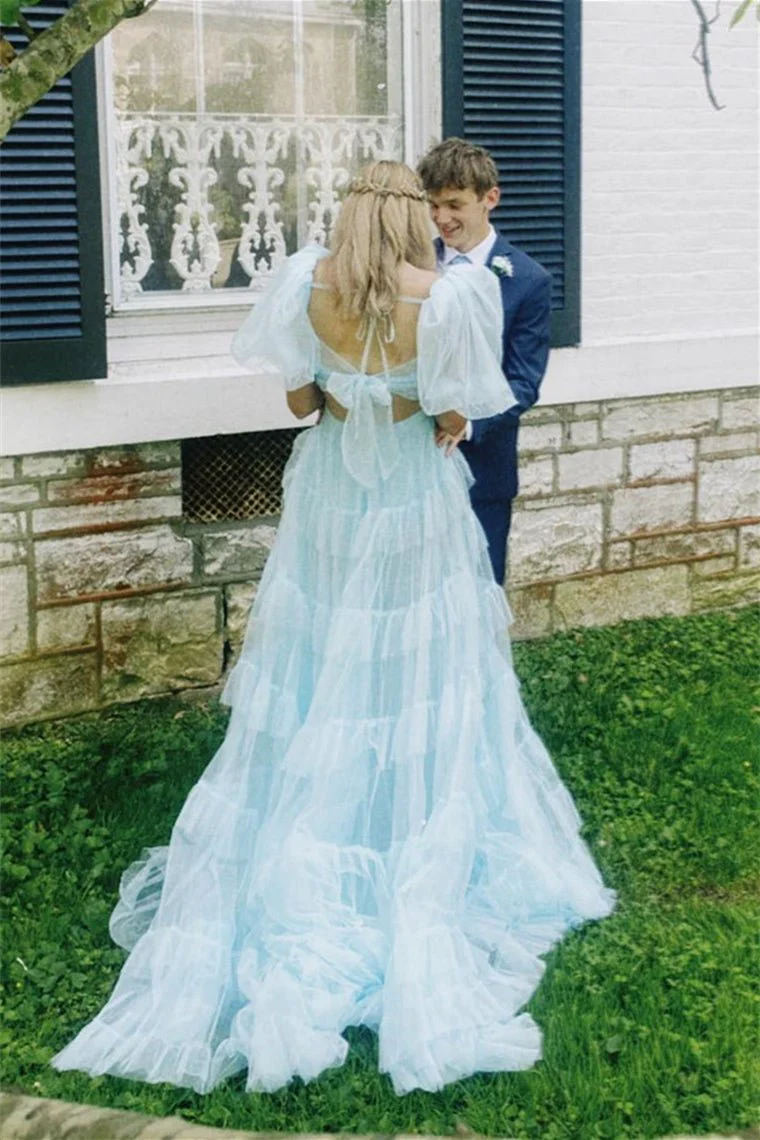 A Line Tow-Piece Tulle Prom Dress with Slit