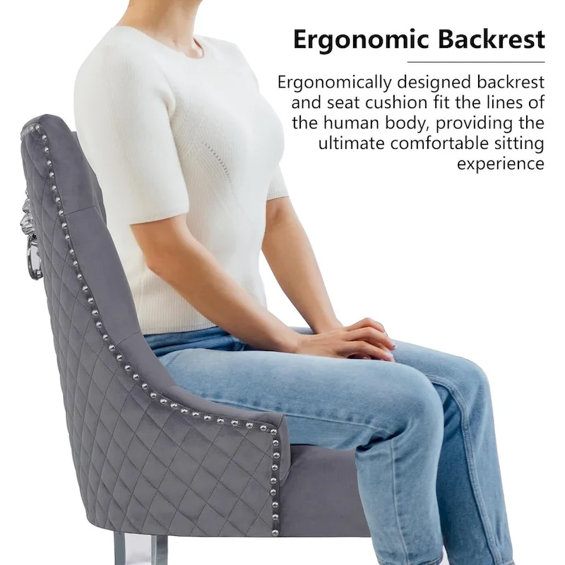 Velvet Dining Chairs Set of 2, Upholstered Tufted Nailhead Dining Room Chairs with Stainless Steel Legs & Lion Head Pull Ring