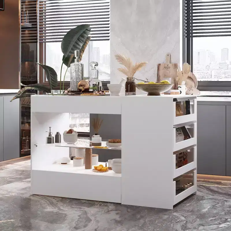 Famapy White 8 Drawers Kitchen Island With Storage Shelves and Glasss Top