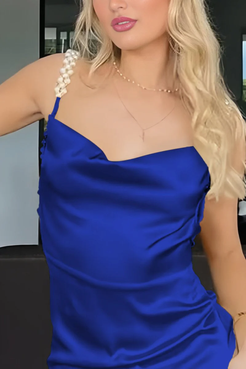 Yellow Sheath Spaghetti Straps Satin Long Prom Dresses With Pearls