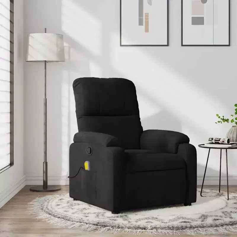 vidaXL Black Microfiber Fabric Massage Recliner Chair - 6-Vibration Push Manual Recliner with Side Pocket for Living Room