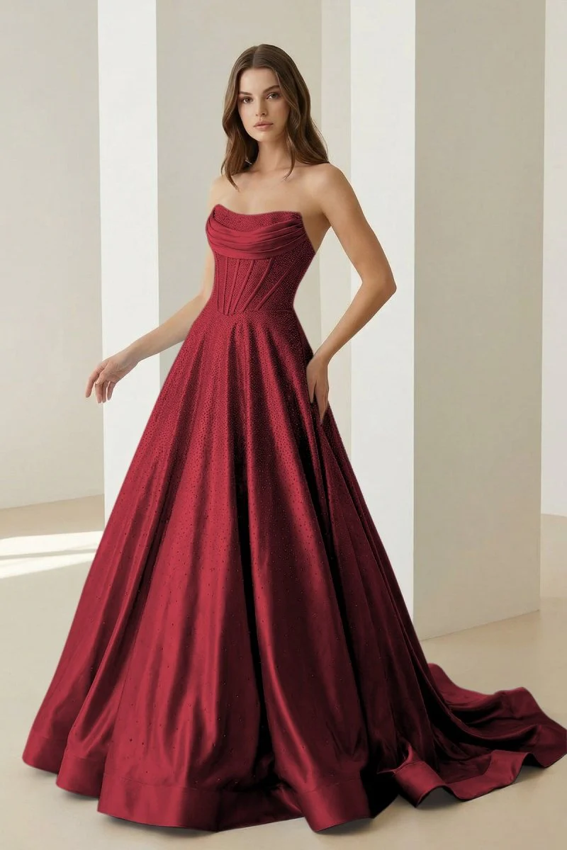 Burgundy - Strapless A Line Satin Beaded Long Prom Dresses With Pockets