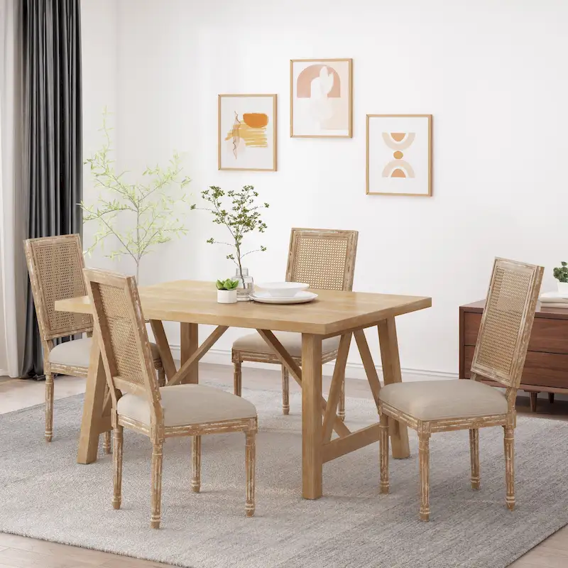 Natural Wood and Cane Upholstered Dining Chairs for 4 People