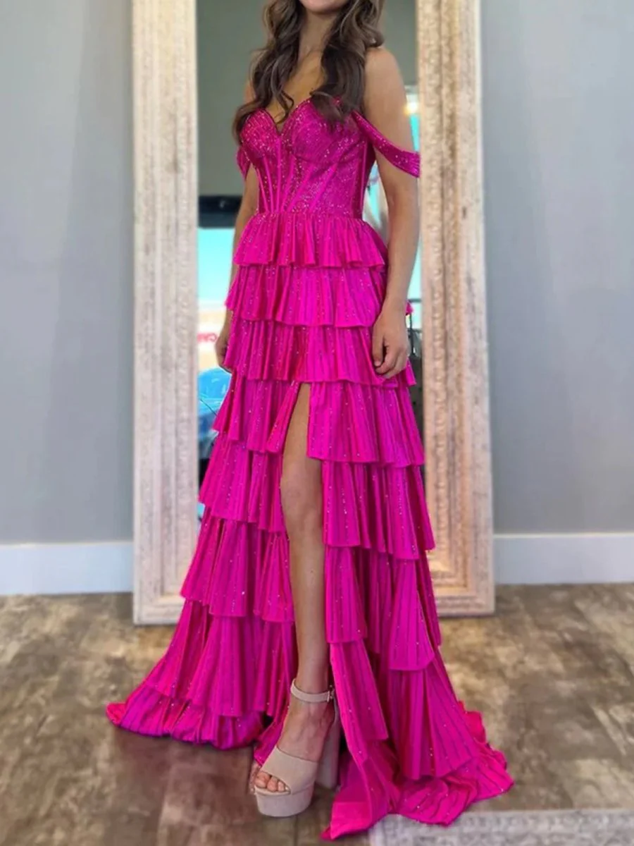 A Line Off-the-Shoulder Satin Tiered Long Prom Dresses With Beads