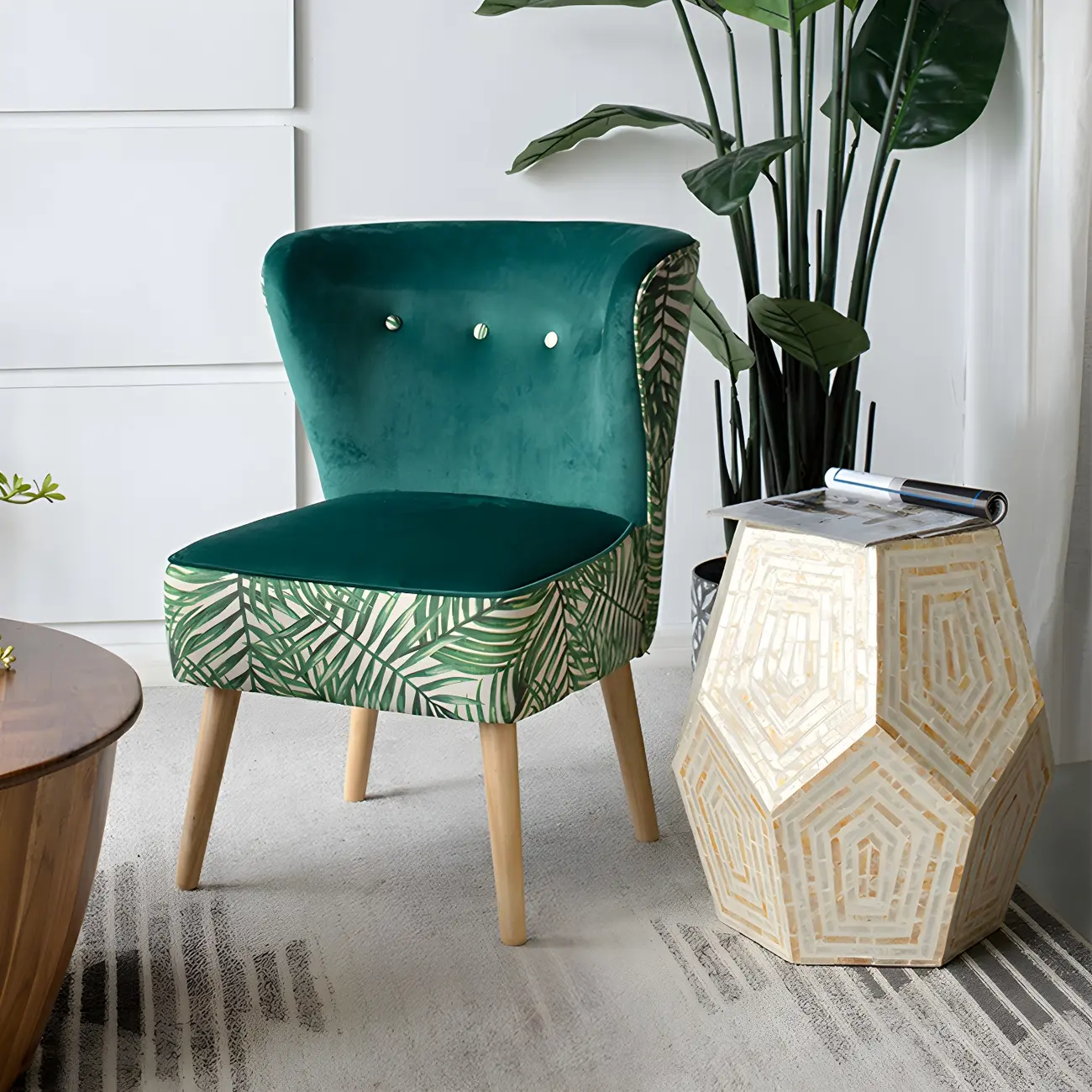 Tropical Mosaic Wooden Round Side Table