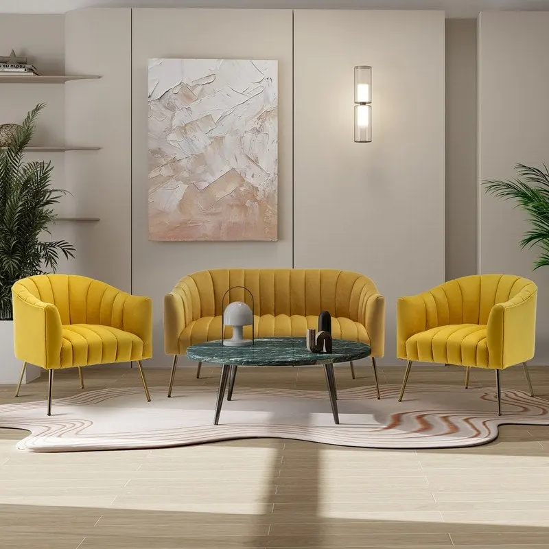 Modern Velvet Upholstered 3 Piece Living Room Set with Golden Legs