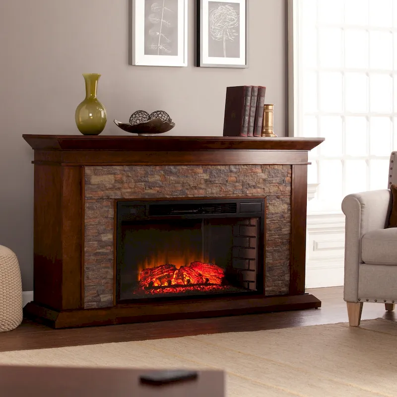 60-Inch Maple Electric Fireplace with Faux Stone