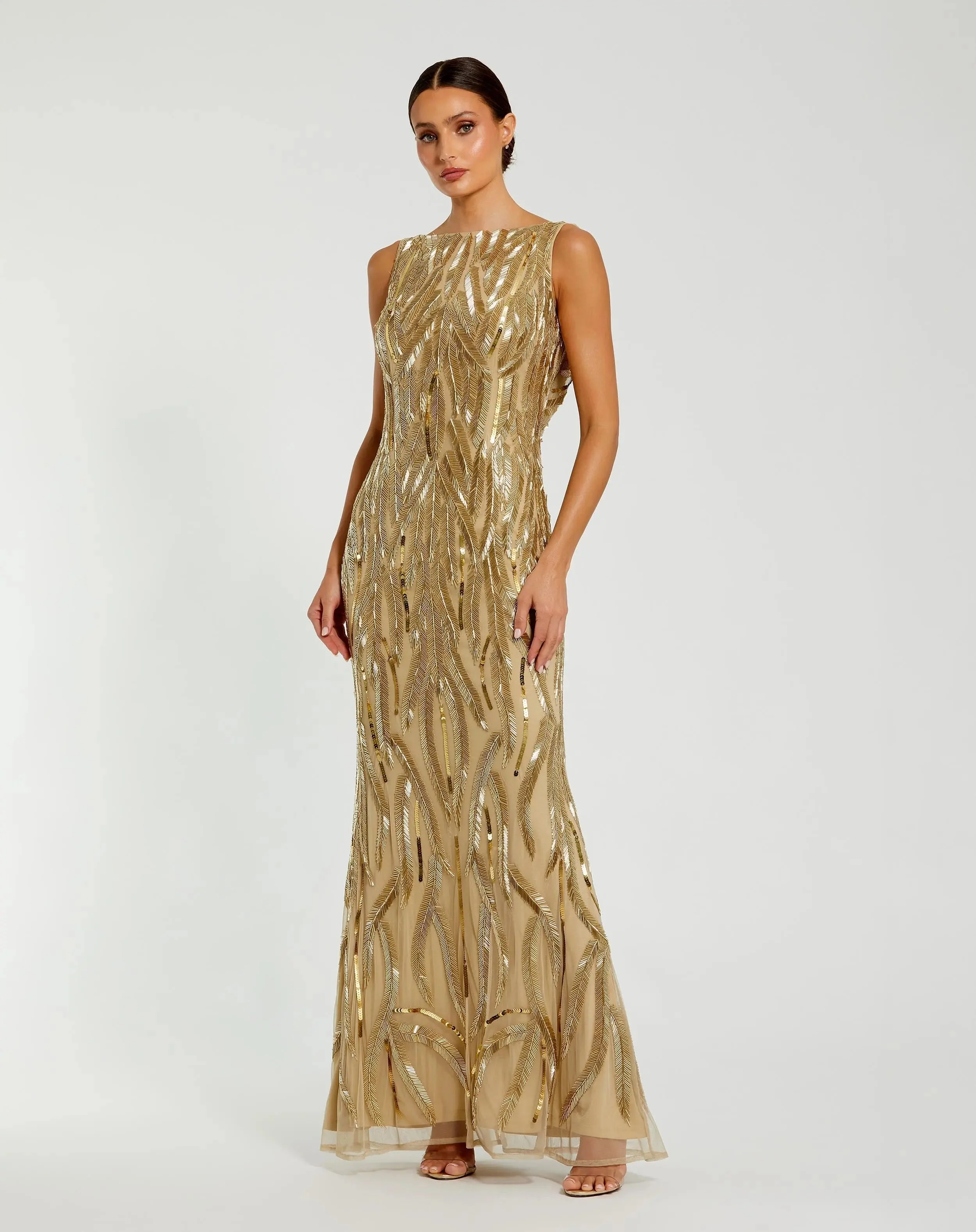 Gold Embellished Mesh Sleeveless High Neck Fitted Gown