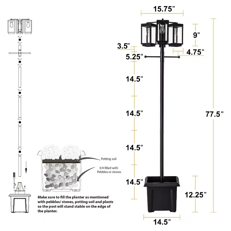 C Cattleya 3-Light 77.5in Black Complete Post Light with Planter and Clear Tempered Glass