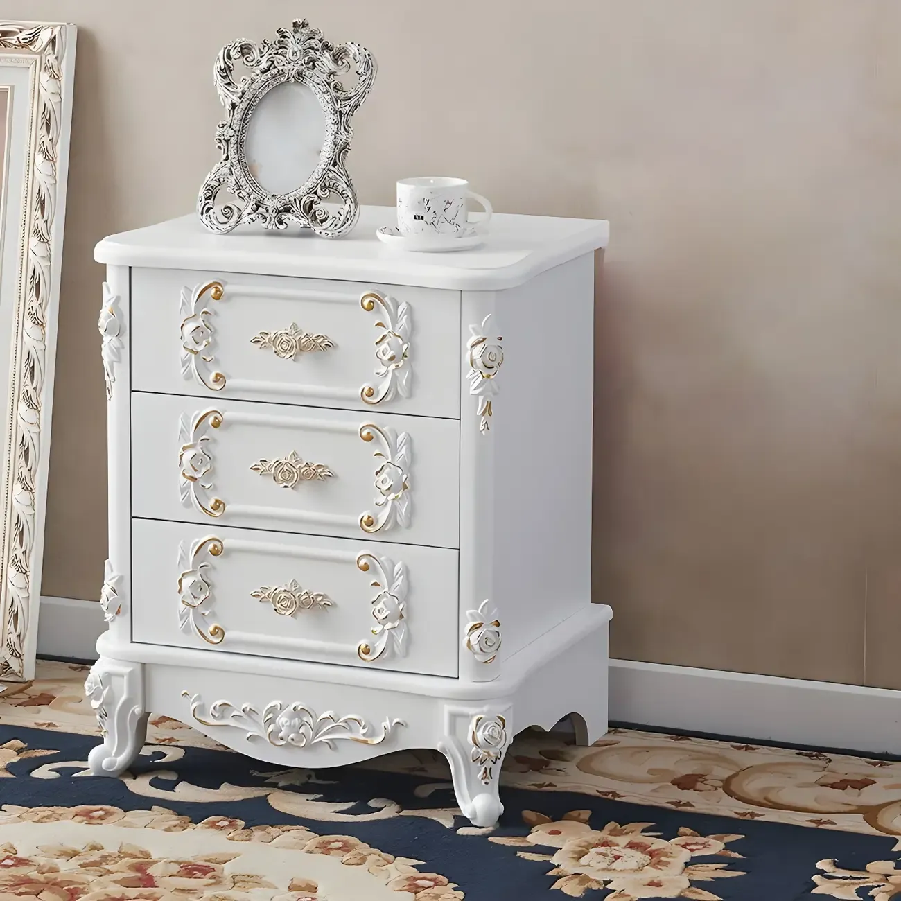 Traditional White Wood Carved 3-Drawer Nightstand