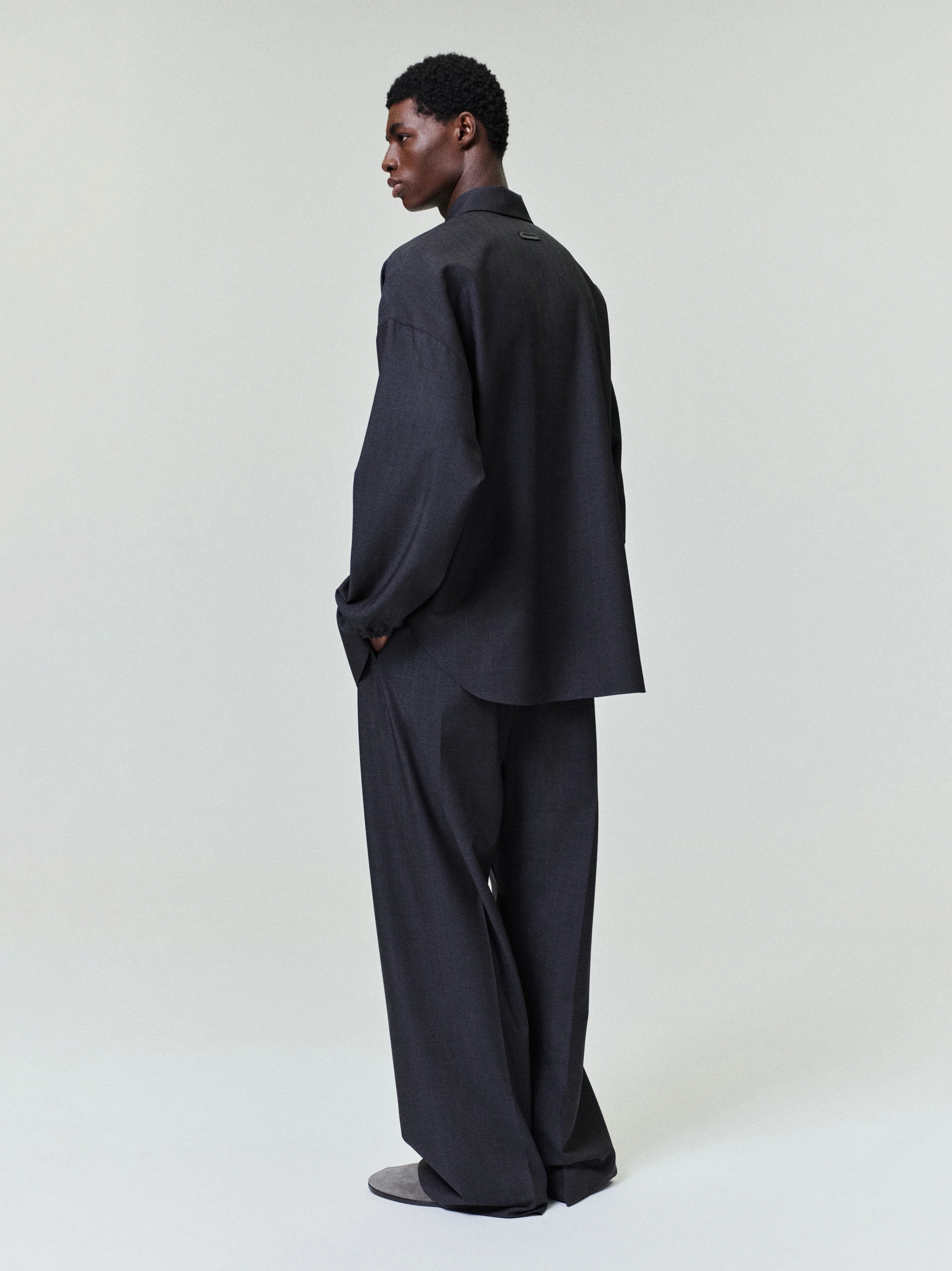 Grey Striped Wool Elastic Cuff Shirt