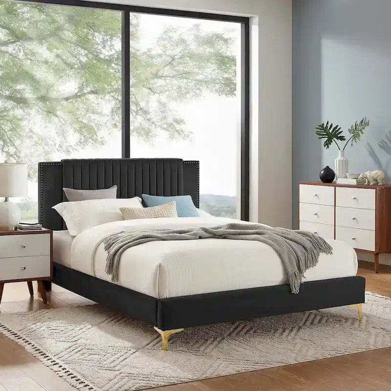 Channel Tufted Velvet Queen Platform Bed – Charcoal / Blue / White / Pink, 2-Person