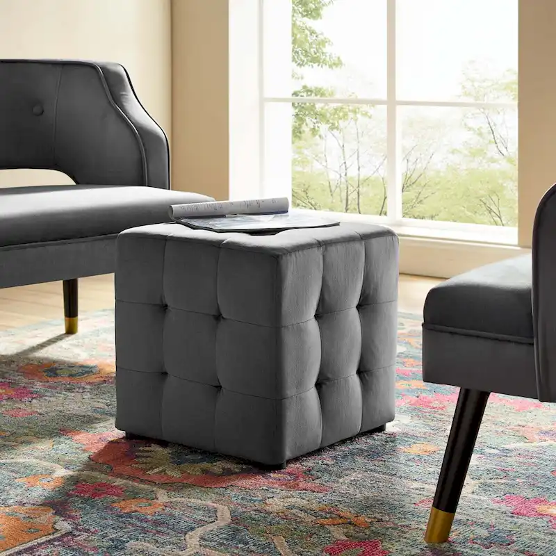 Velvet Tufted Cube Ottoman