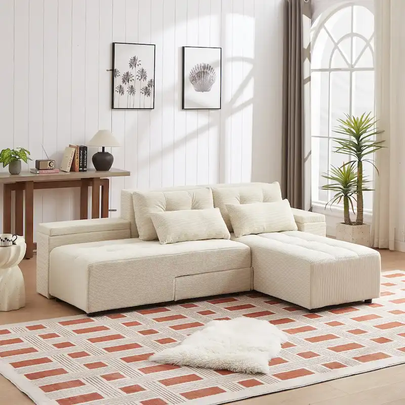 Beige Corduroy Sectional Sofa, 3-in-1 Convertible Sleeper, Symmetrical, Seats 3+