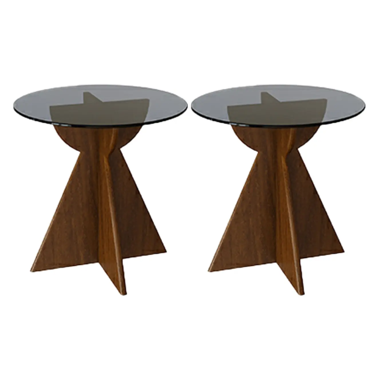 Brown Round Glass Top Wood Geometric X-Base End Table