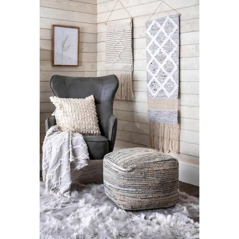 Natural Knitted Denim & Jute Ottoman Pouf – Single Seat