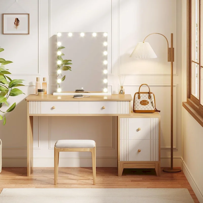 Light Walnut/White & White/Walnut 4-Drawer Makeup Vanity Desk – Single