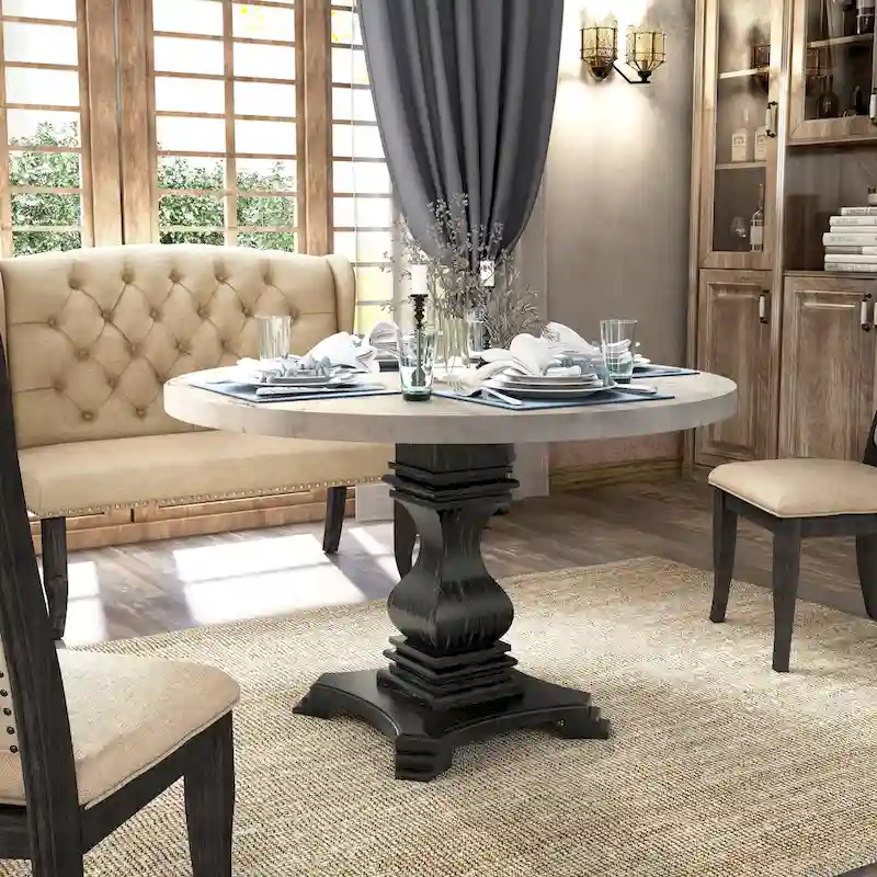Antique Black & White Pedestal Dining Table, Round Marble Top, Seats 4