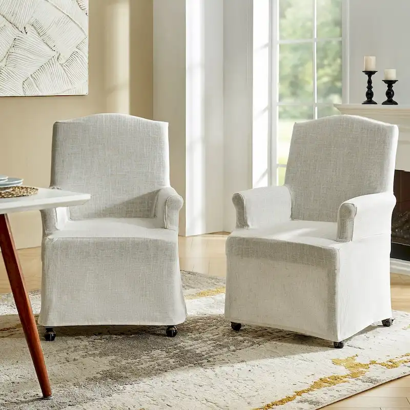 Upholstered Slipcover Arm Dining Chairs with Solid Wood Legs Set of 2