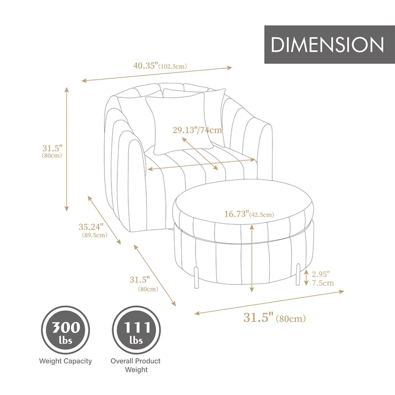40.4W Modern Swivel Accent Chair,Swivel Single Sofa Chair with Ottoman