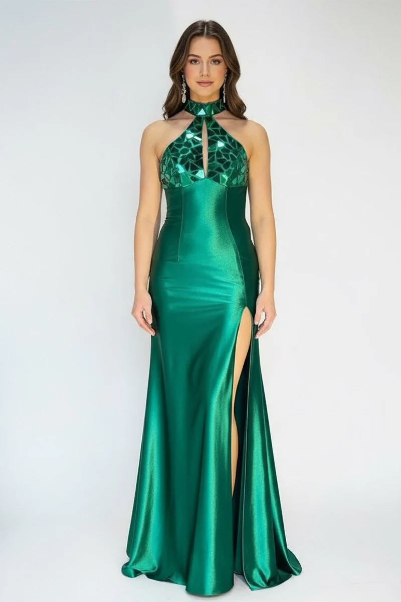 Mermaid Halter Dark Green Satin Long Prom Dresses with Beads