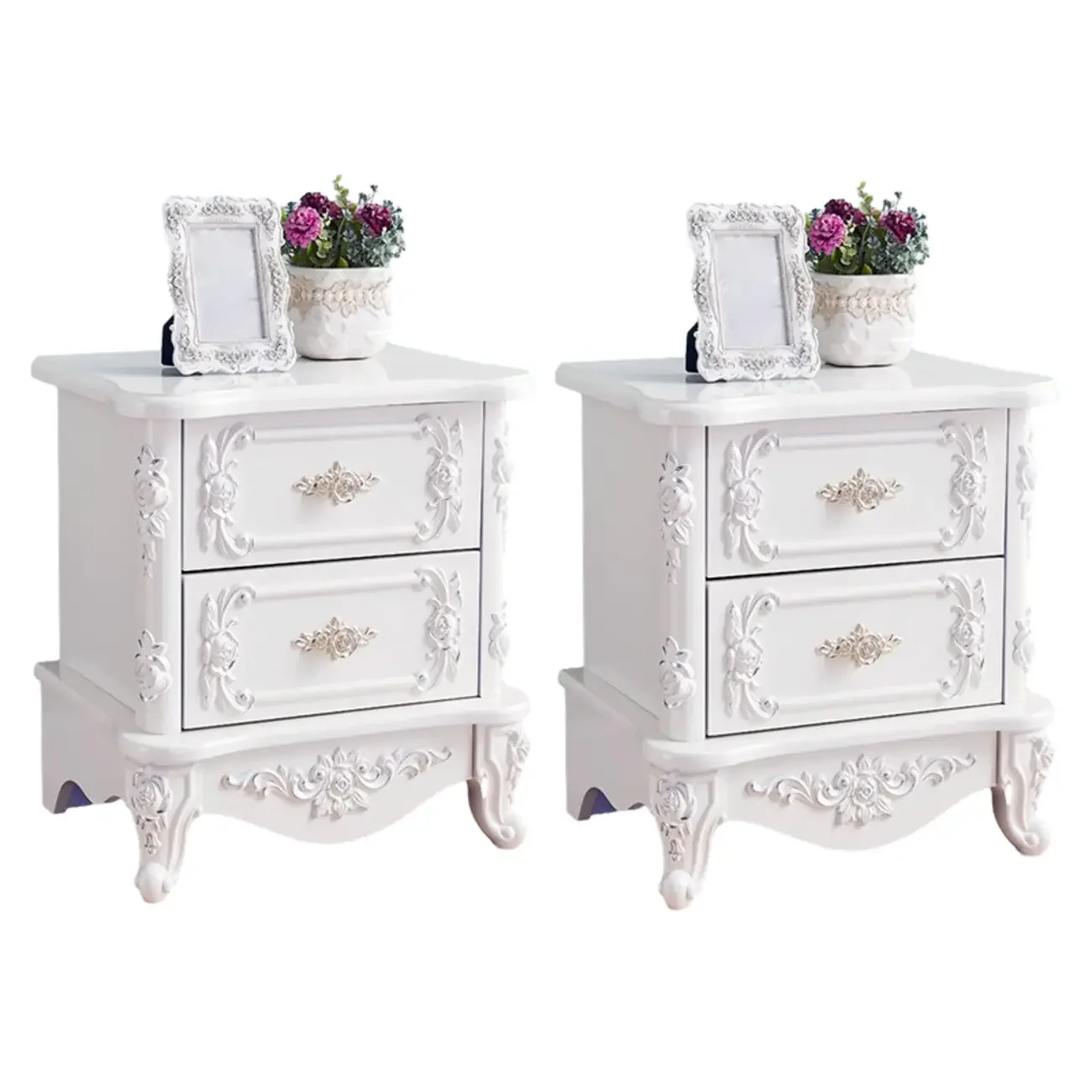 Traditional White Wood Carved 3-Drawer Nightstand