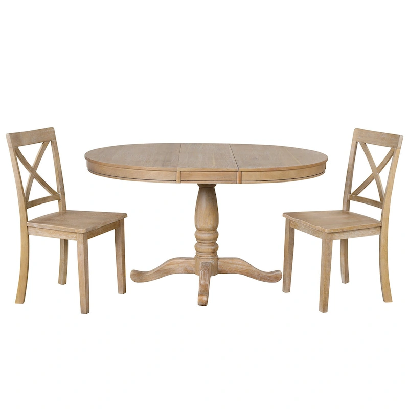 Natural Wood Wash 5-Piece Wooden Dining Table Set with Expandable Round Table & 4 Chairs
