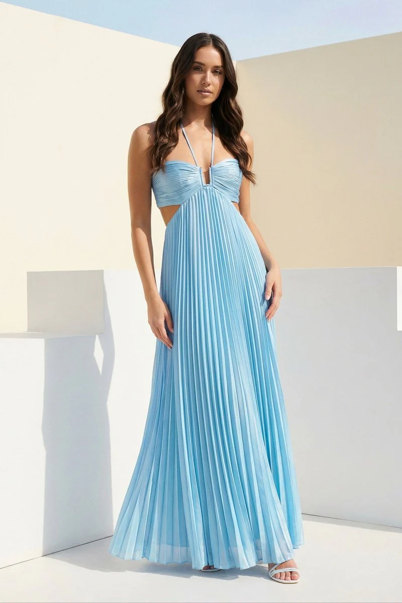 Sky Blue Halter Pleated Satin A Line Prom Dresses With Cutout