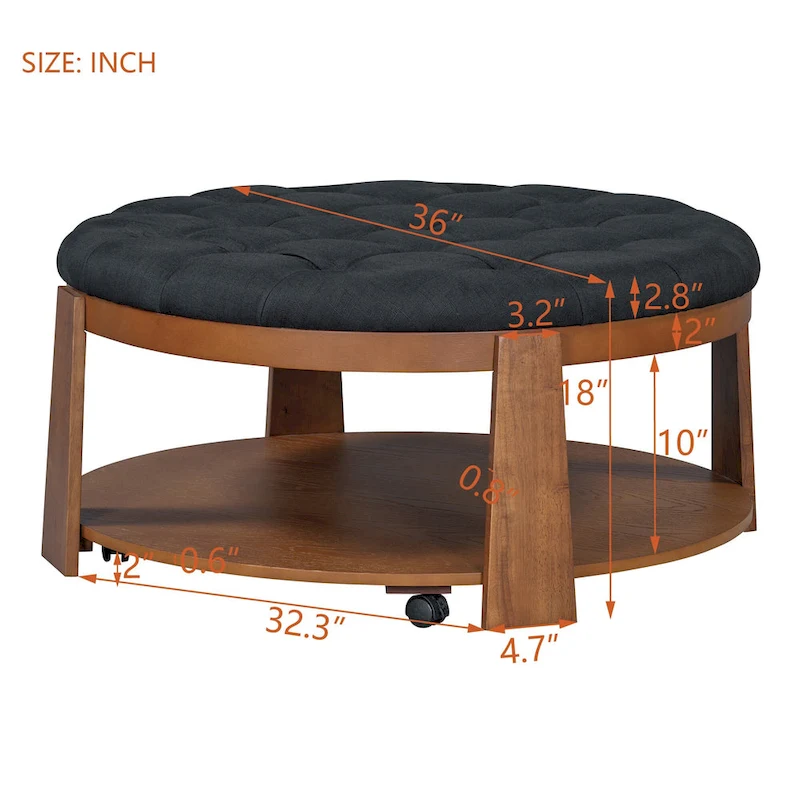 36  Round Button Tufted Upholstered Coffee Table with Wood Shelf and Wheel