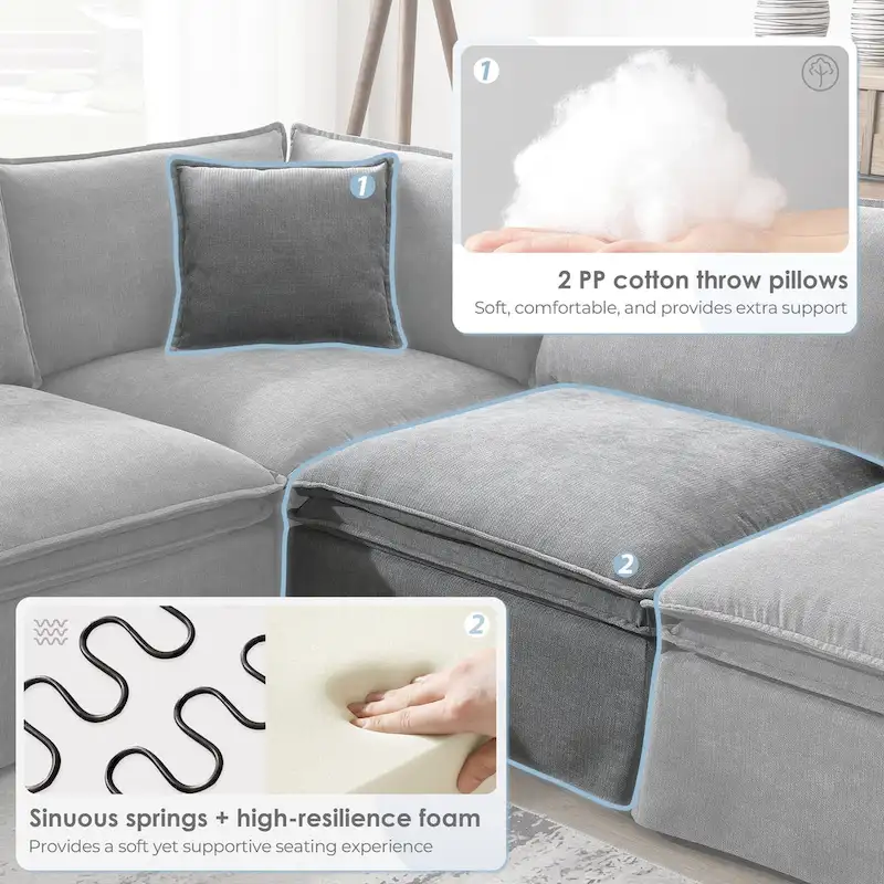 L Shaped Modular Sectional Chenille Sofa with Movable Ottoman