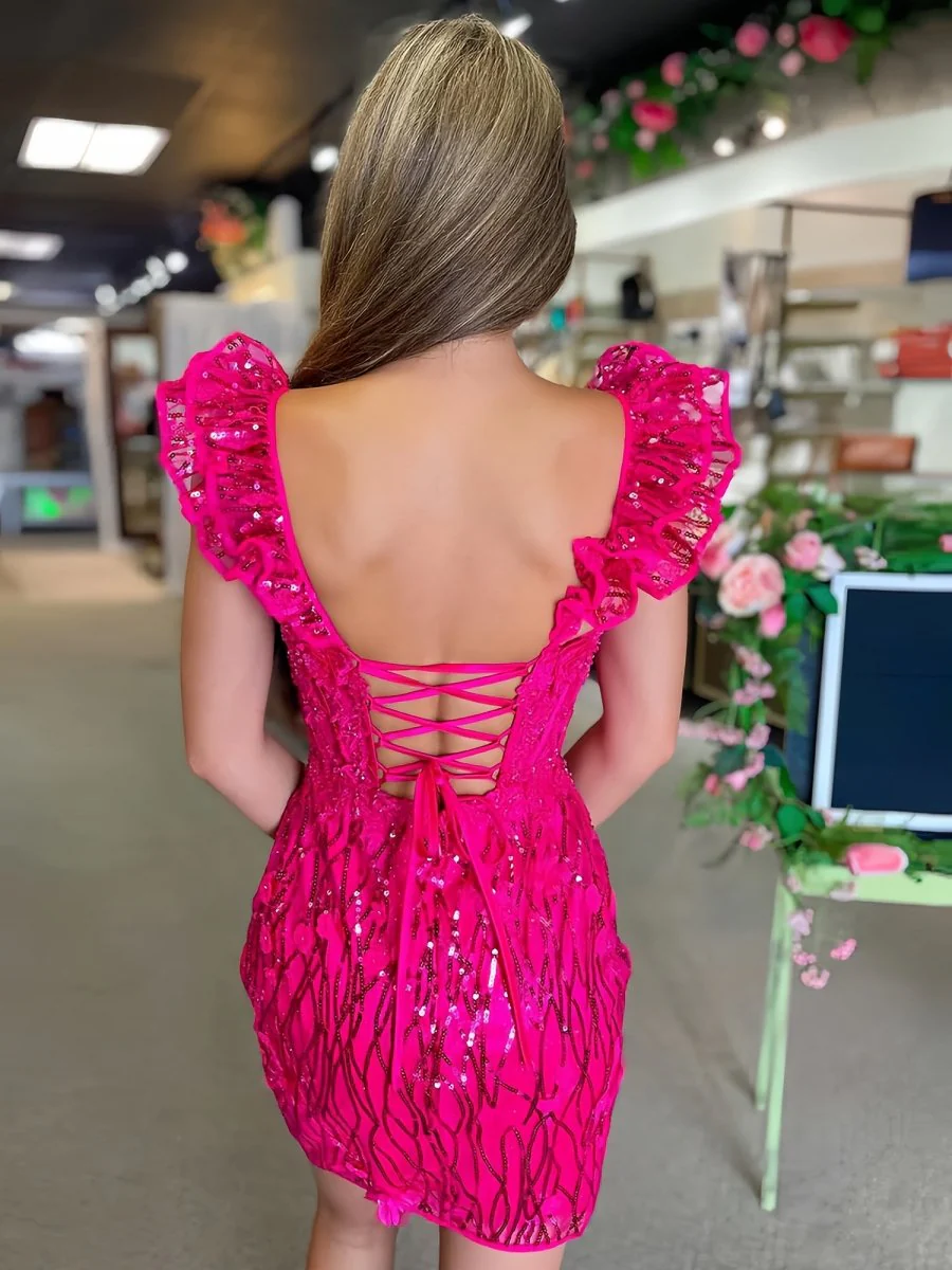 Fuchsia - Bodycon Off The Shoulder Sequins Short Homecoming Dresses